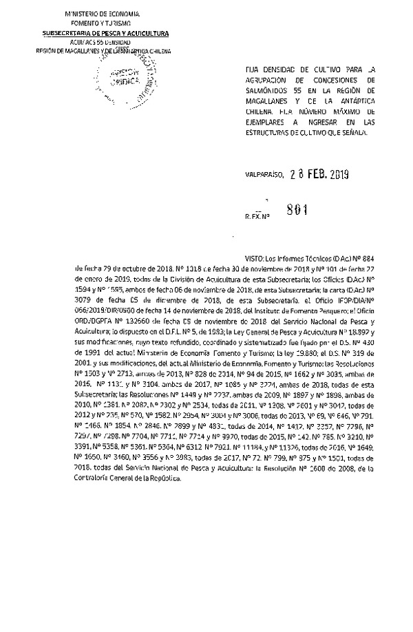 Res. Ex. N° 801-2019 Fija Densidad de Cultivo para la Agrupación de Concesiones de Salmónidos 55, Región de Magallanes y de La Antártica Chilena. (Con Informe Técnico) (Publicado en Página Web 01-03-2019) (F.D.O. 07-03-2019)