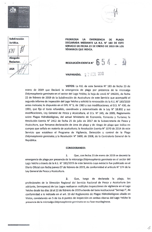 Res. Ex. N° 654-2019 (Sernapesca) Prorroga la emergencia de plaga declarada mediante la R.E. N°183 de este Servicio de fecha 23 de enero de 2019 en los términos que indica