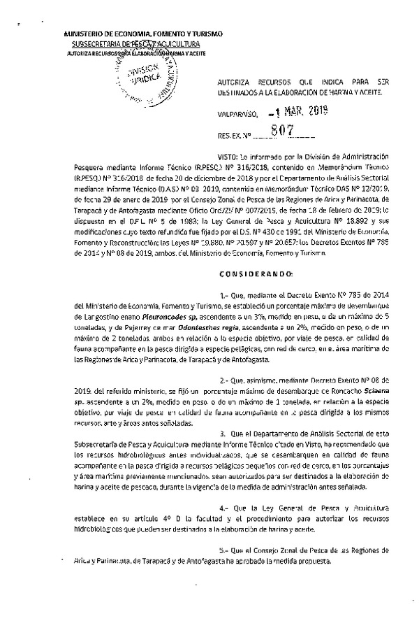 Res. Ex. N° 807-2019 Autoriza Recursos que Indica para ser Destinados a la Elaboración de Harina Y Aceite. (Publicado en Página Web 01-03-2019) (F.D.O. 11-03-2019)