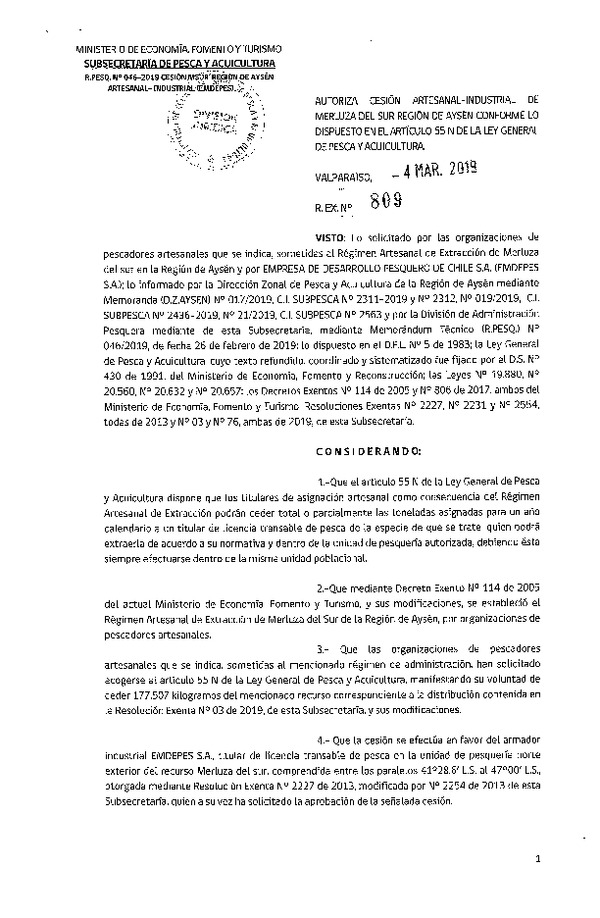 Res. Ex. N° 809-2019 Cesión Merluza del sur Región de Aysén.
