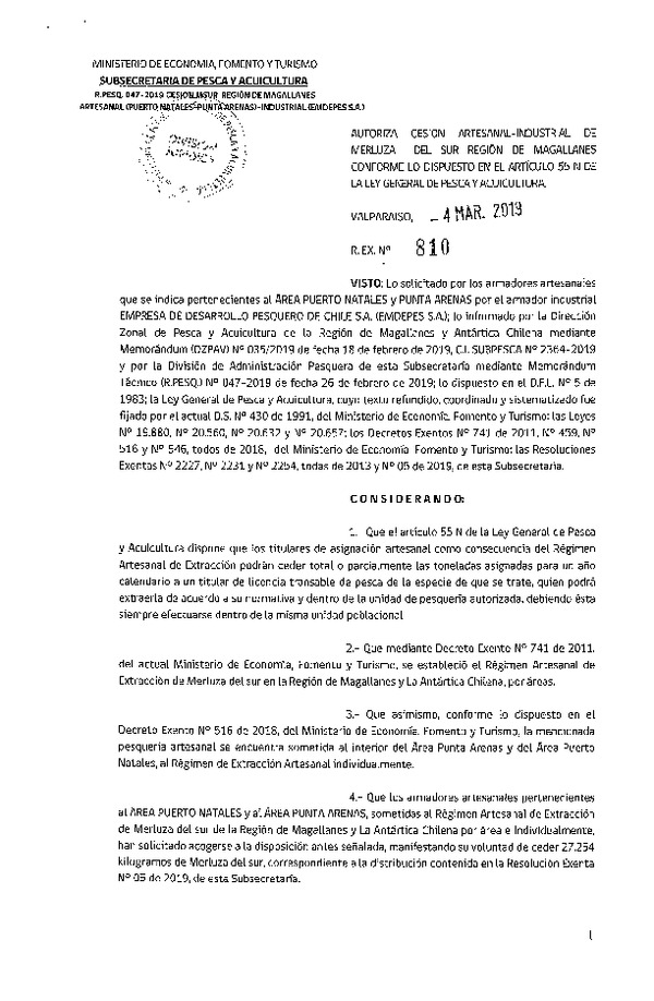 Res. Ex. N° 810-2019 Cesión Merluza del sur Región de Magallanes.