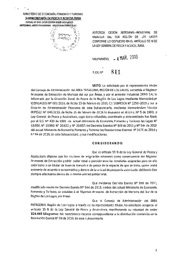 Res. Ex. N° 811-2019 Cesión Merluza del sur Región de Los Lagos.