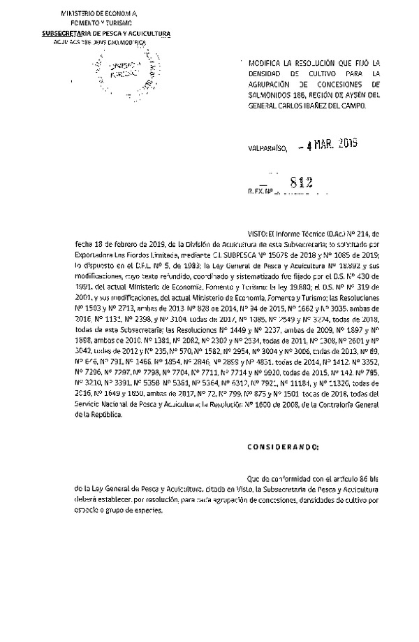 Res. Ex. N° 812-2019 Modifica Res. Ex. N° 2549-2018 Fija Densidad de Cultivo para la Agrupación de Concesiones de Salmónidos 18B, Región de Aysén del General Carlos Ibañez del Campo (Con Informe Técnico) (Publicado en Página Web 05-03-2019) (F.D.O. 11-03-2019)