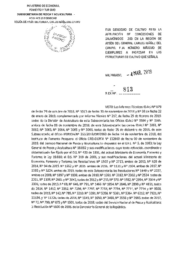 Res. Ex. N° 813-2019 Fija Densidad de Cultivo para la Agrupación de Concesiones de Salmónidos 26B, Región de Aysén del General Carlos Ibañez del Campo (Con Informe Técnico) (Publicado en Página Web 05-03-2019) (F.D.O. 11-03-2019)