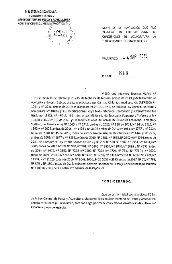 Res. Ex. N° 816-2019 Modifica Res. Ex. N° 2767-2018 Fija Densidad de Cultivo para las Concesiones de Acuicultura de Titularidad de Cermaq Chile S.A. (Con Informe Técnico). (Publicado en Página Web 05-03-2019)