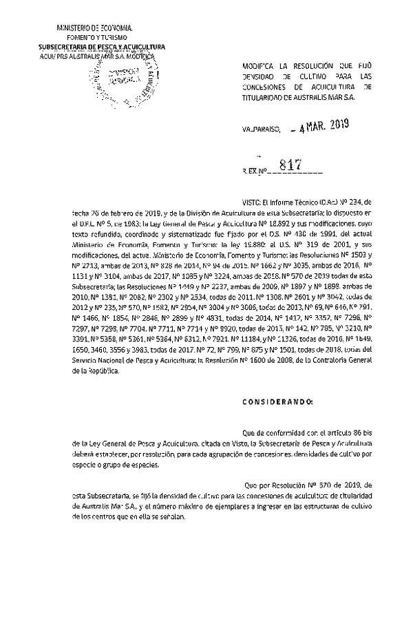 Res. Ex. N° 817-2019 Modifica Res. Ex. N° 570-2019 Fija Densidad de Cultivo para las Concesiones de Acuicultura Australis Mar S.A.(Con Informe Técnico) (Publicado en Página Web 05-03-2019)