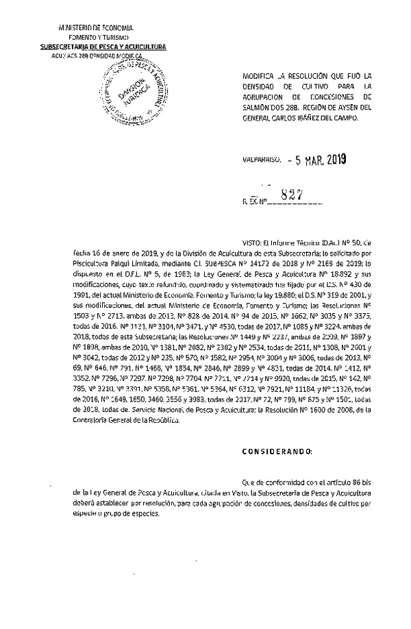 Res. Ex. N° 827-2019 Modifica Res. Ex. N° 4530-2017 Fija Densidad de Cultivo para la Agrupación de Concesiones de Salmónidos 28B en la XI Región. (Con Informe Técnico) (Publicado en Página Web 06-03-2019) (F.D.O. 13-03-2019)