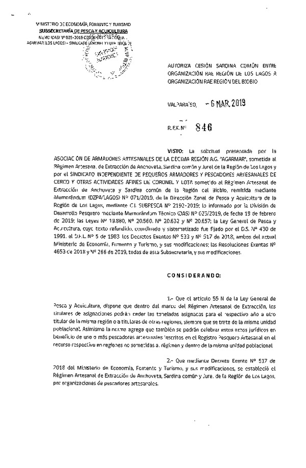 Res. Ex. N° 846-2019 Autoriza cesión Sardina común Región de Los Lagos a Región del Biobío.