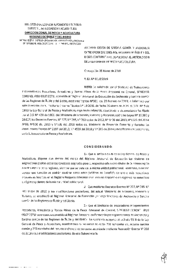 Res. Ex. N° 18-2019 (DZP VIII) Autoriza Cesión Anchoveta y Sardina común, Regiones de Ñuble y del Biobío.