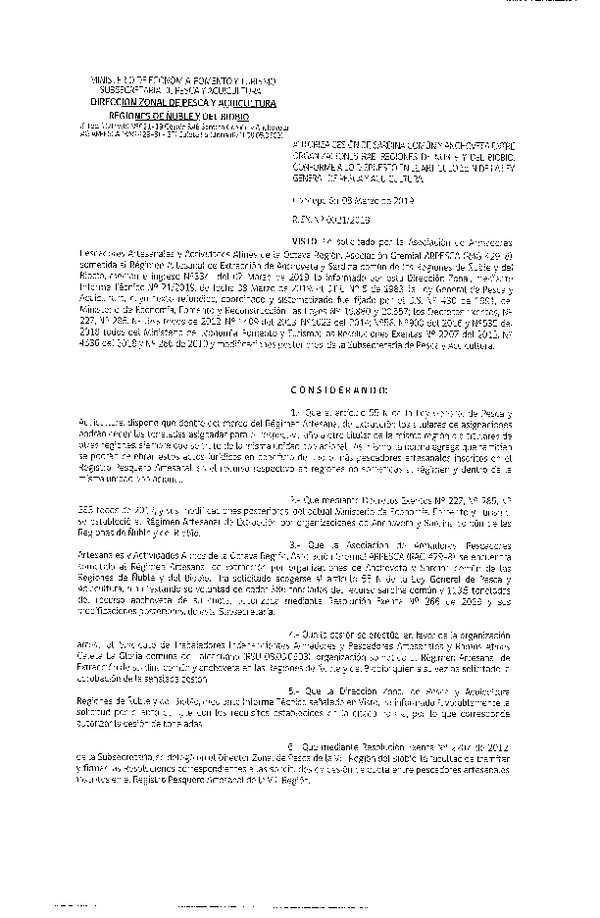 Res. Ex. N° 21-2019 (DZP VIII) Autoriza Cesión Anchoveta y Sardina común, Regiones de Ñuble y del Biobío.