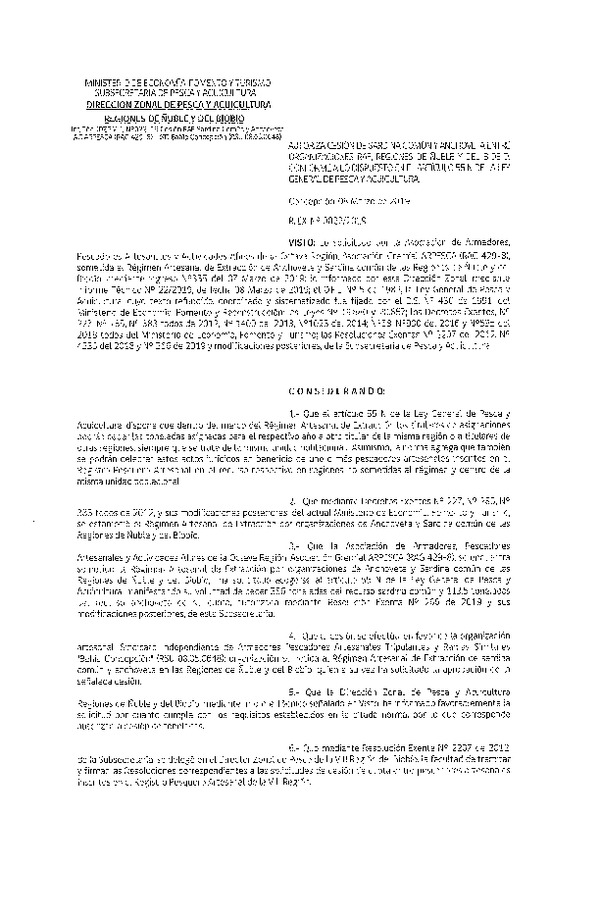 Res. Ex. N° 22-2019 (DZP VIII) Autoriza Cesión Anchoveta y Sardina común, Regiones de Ñuble y del Biobío.