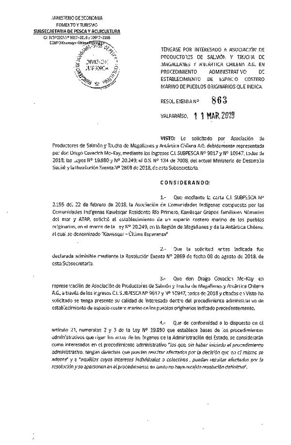 Res. Ex. N° 863-2019 Téngase por interesado a Asociación de Productores de Salmón y Trucha de Magallanes y Antártica Chilena en Procedimiento Administrativo de Establecimiento de ECMPO que Indica. (Publicado en Página Web 12-03-2019)