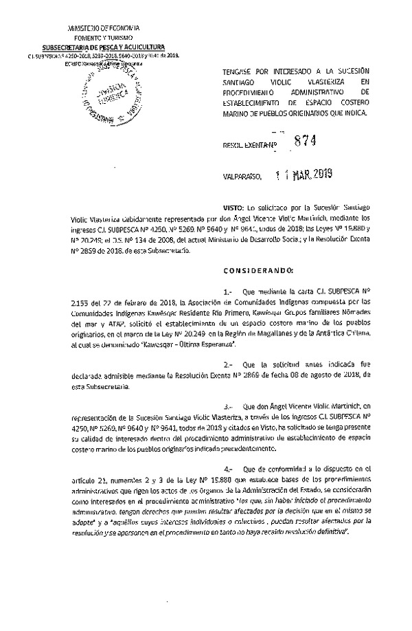 Res. Ex. N° 874-2019 Téngase por interesado a la Sucesión Santiago Violic Vlasteriza en Procedimiento Administrativo de Establecimiento de ECMPO que Indica. (Publicado en Página Web 12-03-2019)