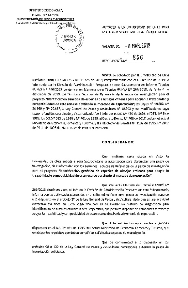 Res. Ex. N° 856-2019 Identificación genética de especies de almejas chilenas.