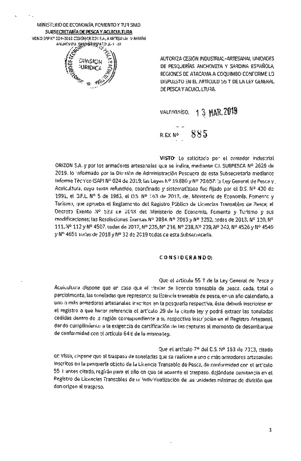 Res. Ex. N° 885-2019 Autoriza Cesión Anchoveta y Sardina Española Regiones de Atacama a Coquimbo.