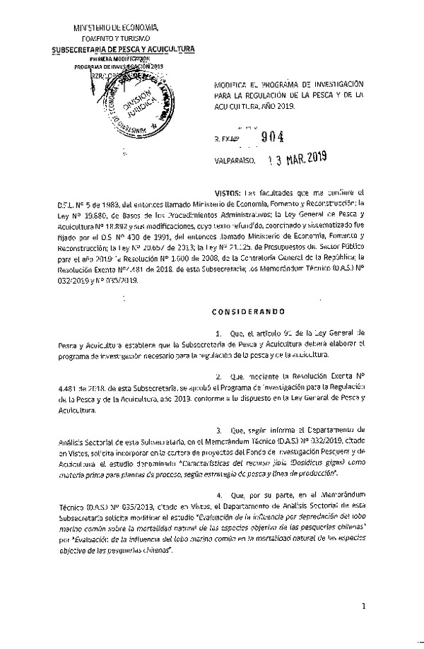 Res. Ex. N° 904-2019 Modifica Res. Ex. N° 4481-2018 Aprueba programa de investigación para la regulación de la pesca y de la acuicultura, año 2019. (Publicado en Página Web 13-03-2019)