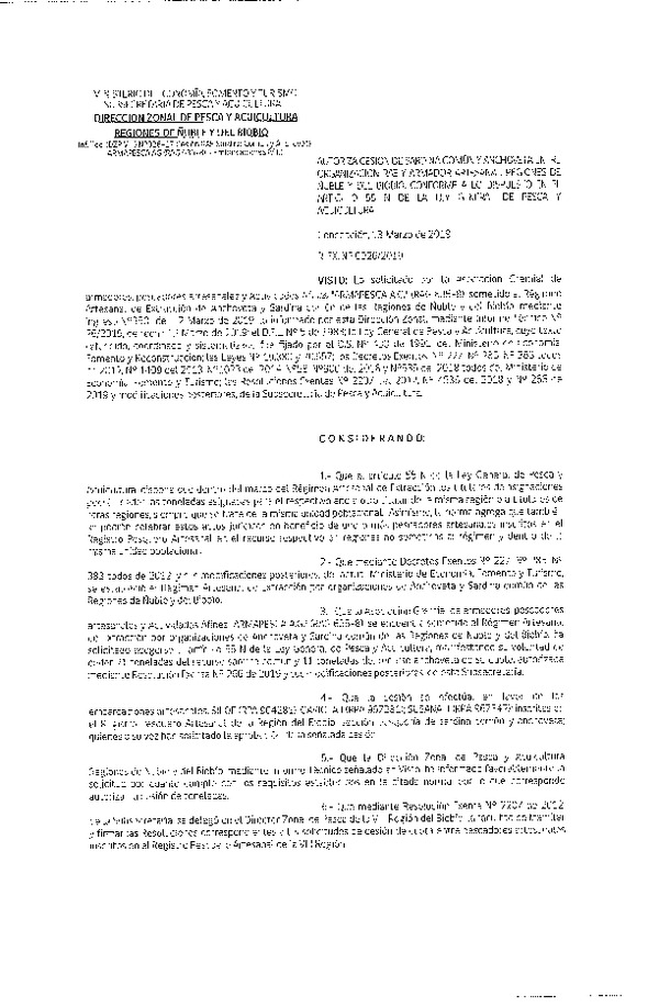 Res. Ex. N° 26-2019 (DZP VIII) Autoriza Cesión Anchoveta y Sardina común, Regiones de Ñuble y del Biobío.