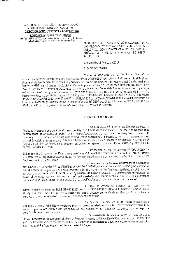 Res. Ex. N° 27-2019 (DZP VIII) Autoriza Cesión Anchoveta y Sardina común, Regiones de Ñuble y del Biobío.