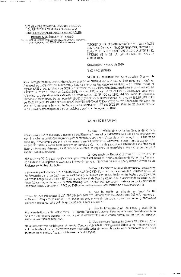 Res. Ex. N° 28-2019 (DZP VIII) Autoriza Cesión Anchoveta y Sardina común, Regiones de Ñuble y del Biobío.