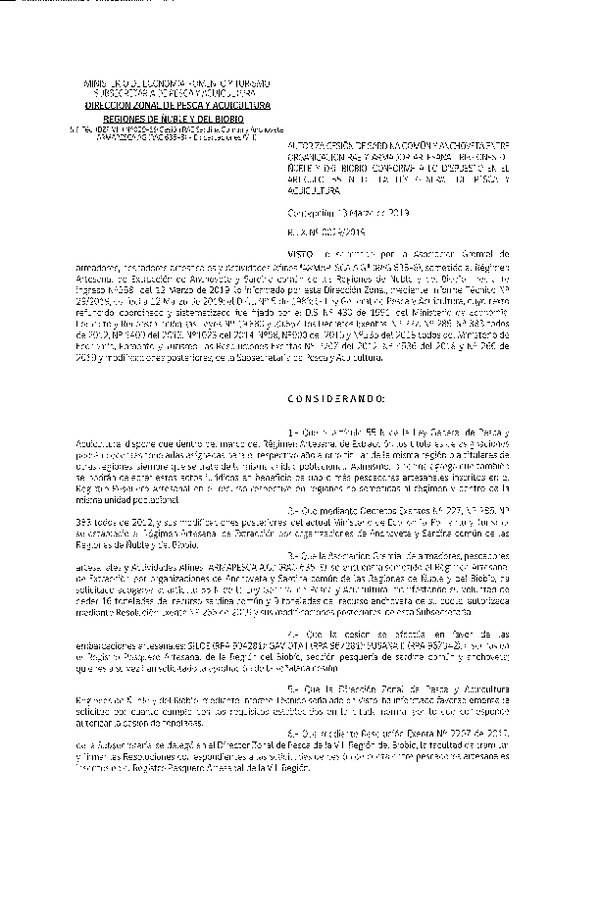 Res. Ex. N° 29-2019 (DZP VIII) Autoriza Cesión Anchoveta y Sardina común, Regiones de Ñuble y del Biobío.