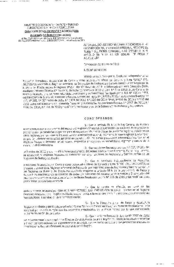 Res. Ex. N° 34-2019 (DZP VIII) Autoriza Cesión Anchoveta y Sardina común, Regiones de Ñuble y del Biobío.