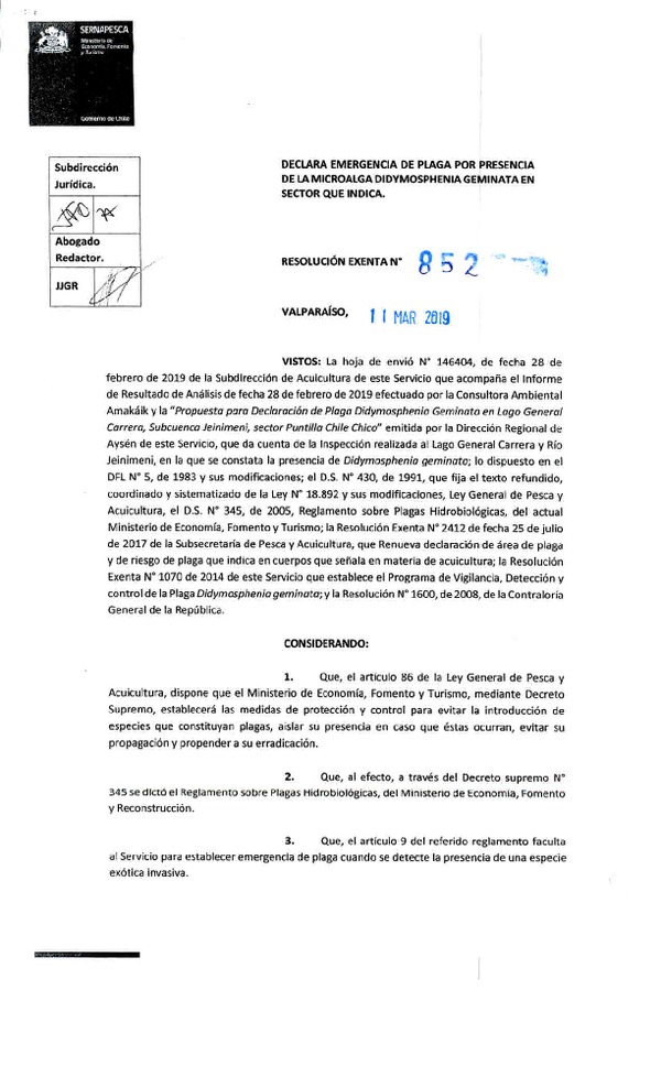 Res. Ex. N° 852-2019 (Sernapesca) Declara emergencia de plaga por presencia de la microalga Didymosphenia Geminata en sector que indica