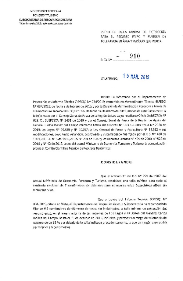 Res. Ex. N° 910-2019 Establece Talla Mínima de Extracción para el Recurso Erizo y Margen de Tolerancia en Regiones de Los Lagos y Aysén. (Publicado en Página Web 15-03-2019) (F.D.O. 26-03-2019)