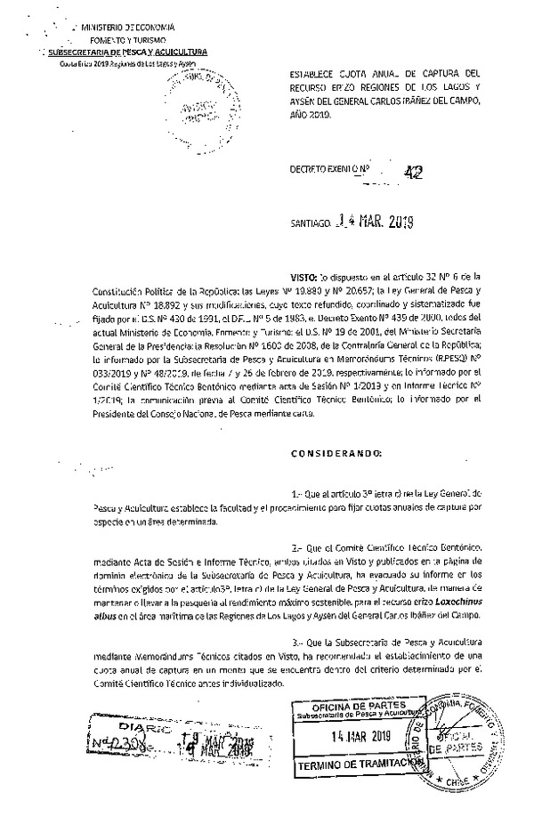 Dec. Ex. N° 42-2019 Establece Cuota Anual de Captura del Recurso Erizo, Regiones de Los Lagos y Aysén del General Carlos Ibañez del Campo, Año 2019. (Publicado en Página Web 19-03-2019) (F.D.O. 19-03-2019)