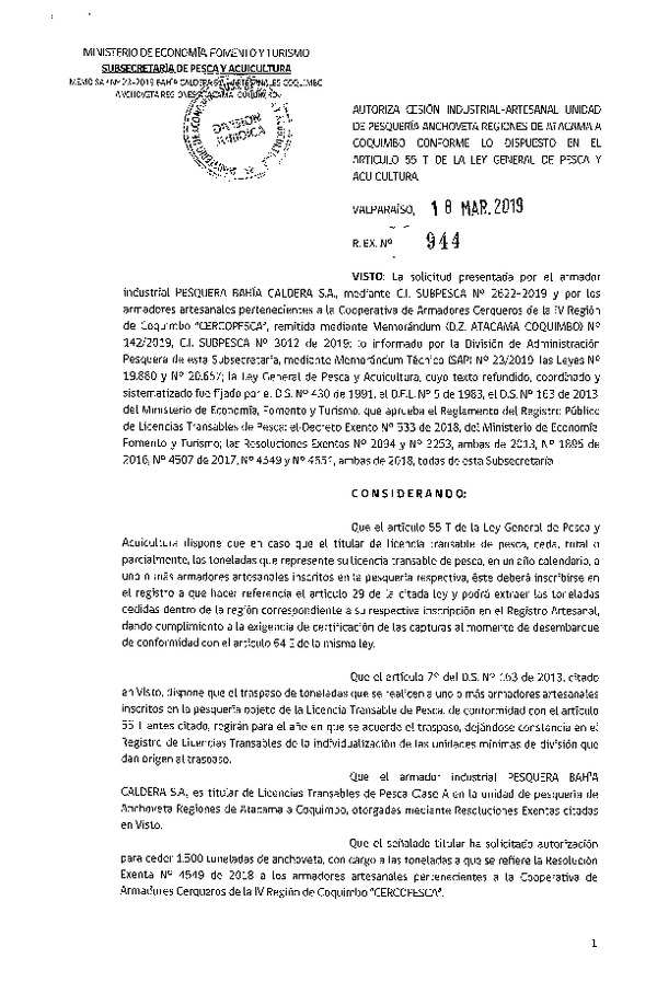 Res. Ex. N° 944-2019 Autoriza Cesión Anchoveta Regiones de Atacama a Coquimbo.