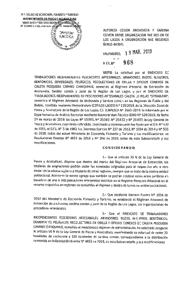 Res. Ex. N° 968-2019 Autoriza cesión Anchoveta y Sardina común Región de Los Lagos a Región del Biobío.