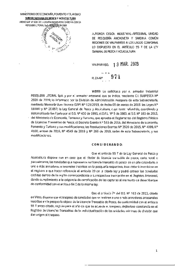 Res. Ex. N° 971-2019 Autoriza cesión pesquería Anchoveta y Sardina común, Regiones de Valparaíso a Los Lagos.