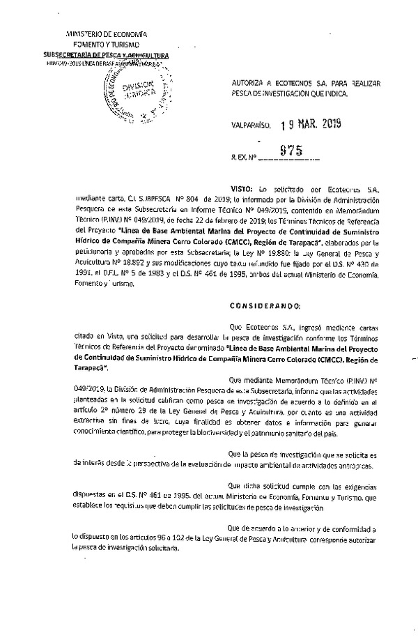 Res. Ex. N° 975-2019 Línea de base ambiental marina, Región de Tarapacá.