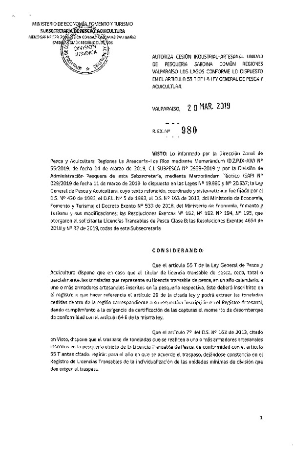 Res. Ex. N° 980-2019 Autoriza cesión pesquería Sardina común, Regiones de Valparaíso a Los Lagos.