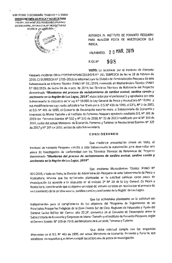 Res. Ex. N° 998-2019 Monitoreo del proceso de reclutamiento de sardina austral, sardina común y anchoveta, Región de Los Lagos, 2019.