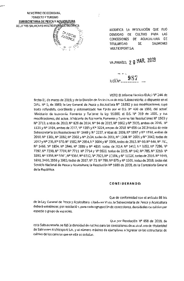 Res. Ex. N° 987-2019 Modifica Res. Ex. N° 658-2019 Fija Densidad de Cultivo para las Concesiones de Titularidad. (Con Informe Técnico) (Publicado en Página Web 21-03-2019)