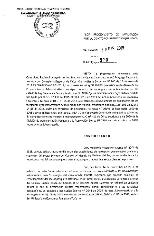 Res. Ex. N° 979-2019 Inicia procedimiento de invalidación parcial de acto administrativo que indica. (Publicado en Página Web 21-03-2019) (F.D.O. 27-03-2019)