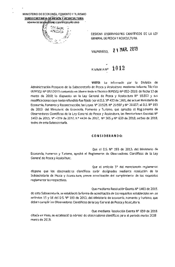 Res. Ex. N° 1012-2019 Designa Observadores Científicos de la Ley General de Pesca y Acuicultura Año 2019. (Publicado en Página Web 21-03-2019) (F.D.O. 28-03-2019)