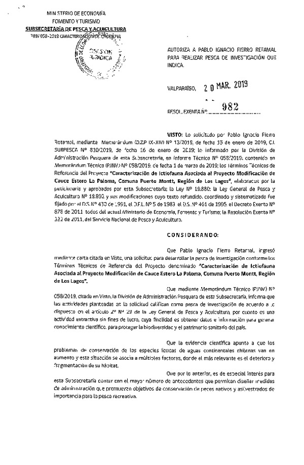 Res. Ex. N° 982-2019 Cracaterización íctofauna, Región de de Los Lagos.