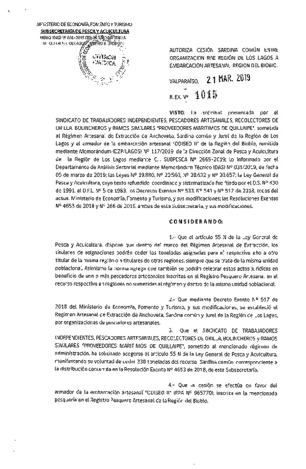 Res. Ex. N° 1015-2019 Autoriza cesión Sardina común Región de Los Lagos a Región del Biobío.