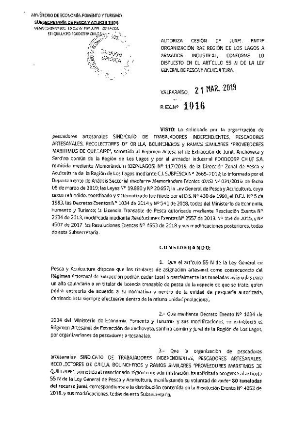 Res. Ex. N° 1016-2019 Autoriza cesión jurel Región de Los Lagos.