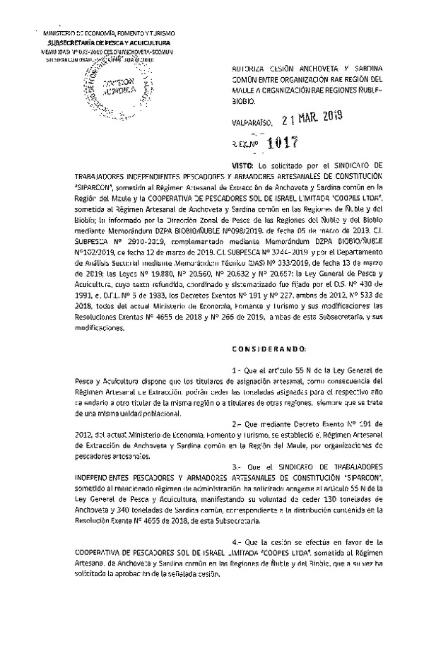 Res. Ex. N° 1017-2019 Autoriza cesión Anchoveta y sardina común Región del Maule a Regiones Ñuble-Biobío.