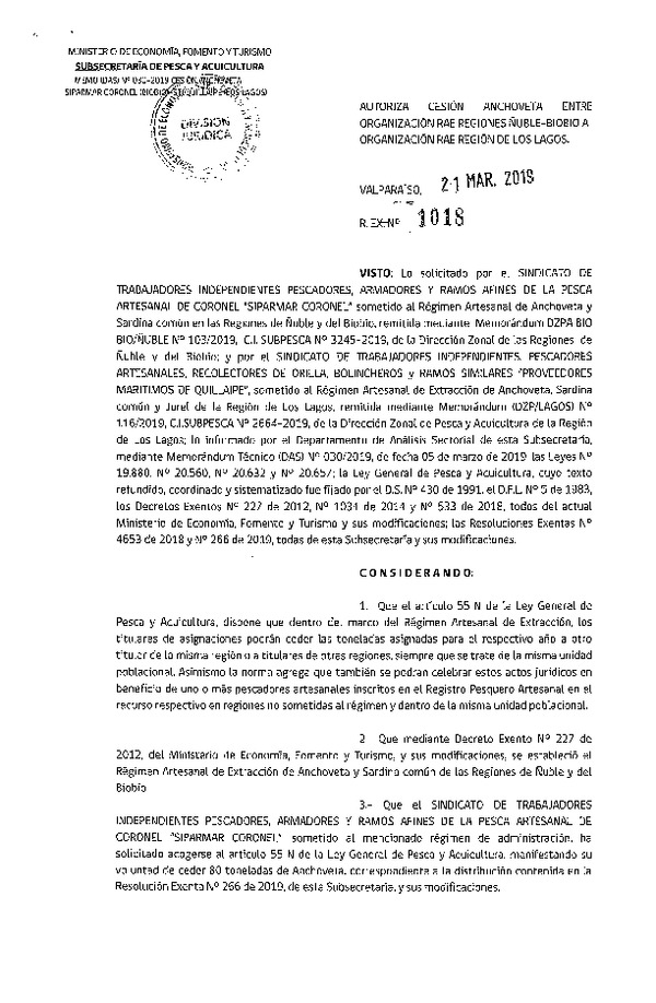 Res. Ex. N° 1018-2019 Autoriza cesión Anchoveta Regiones Ñuble-Biobío a Los Lagos.