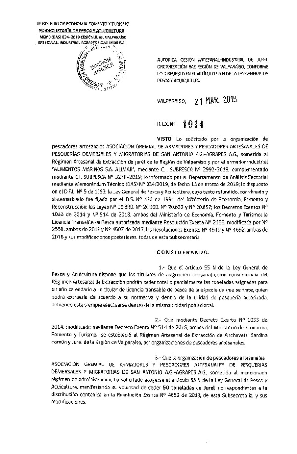 Res. Ex. N° 1014-2019 Cesión Jurel Región de Valparaíso.