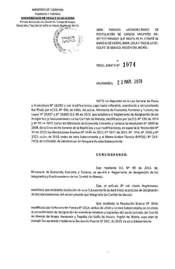 Res. Ex. N° 1074-2019 Abre Período de  Postulación de Cargos Vacantes del Sector Privado que Indica, en el Comité de Manejo Pesquerías de Huepo, Navajuela y Taquilla del Golfo de Arauco, Región del Biobío. (Publicado en Página Web 22-03-2019) (F.D.O. 29-03-2019)