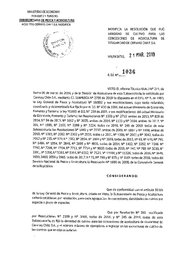 Res. Ex. N° 1036-2019 Modifica Res. Ex. N° 391-2018 Fija Densidad de Cultivo para las Concesiones de Acuicultura que Indica. (Con Informe Técnico) (Publicado en Página Web 22-03-2019)