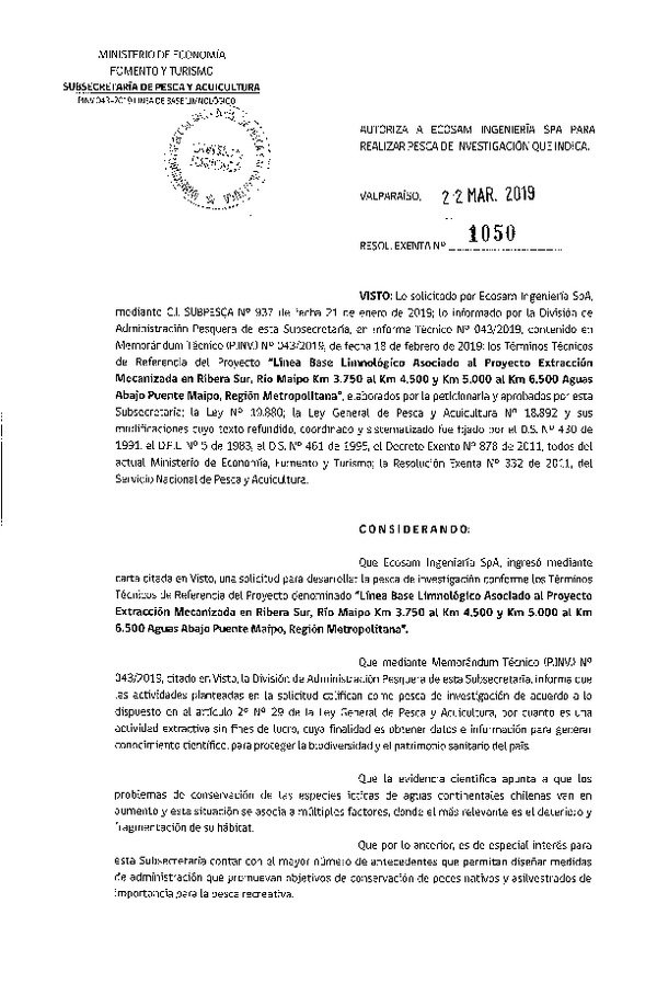 Res. Ex. N° 1050-2019 Línea de base limnológico Región Metropolitana.
