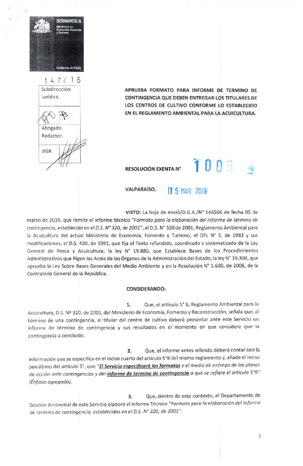 Res. Ex. N° 1005-2019 (Sernapesca) Aprueba formato para informe de término de Contingencia que deben entregar los titulares de los centros de cultivo conforme a lo establecido en el Reglamento Ambiental para la Acuicultura