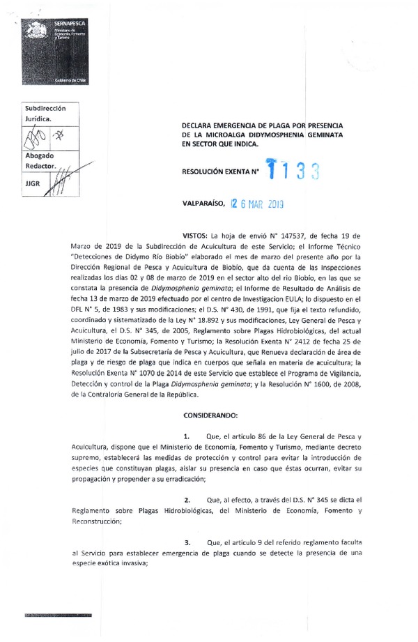 Res. Ex. N° 1133-2019 (Sernapesca) Declara emergencia de plaga por presencia de la microalga Didymosphenia Geminata en sector que indica