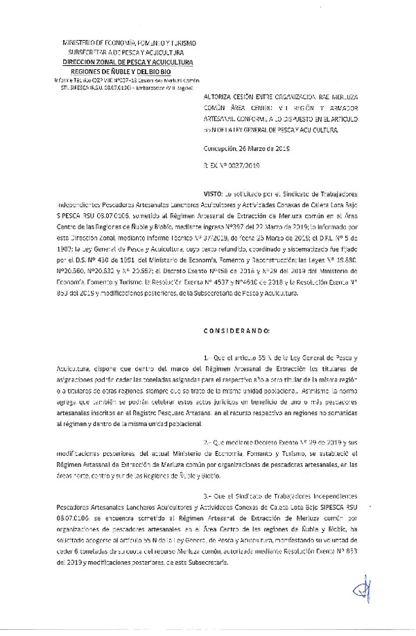 Res. Ex. N° 37-2019 (DZP VIII) Autoriza cesión Merluza común Región del Biobío. Área centro.