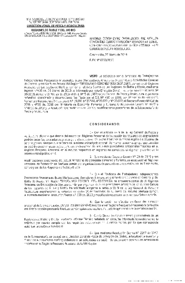 Res. Ex. N° 38-2019 (DZP VIII) Autoriza cesión Merluza común Región del Biobío. Área centro.
